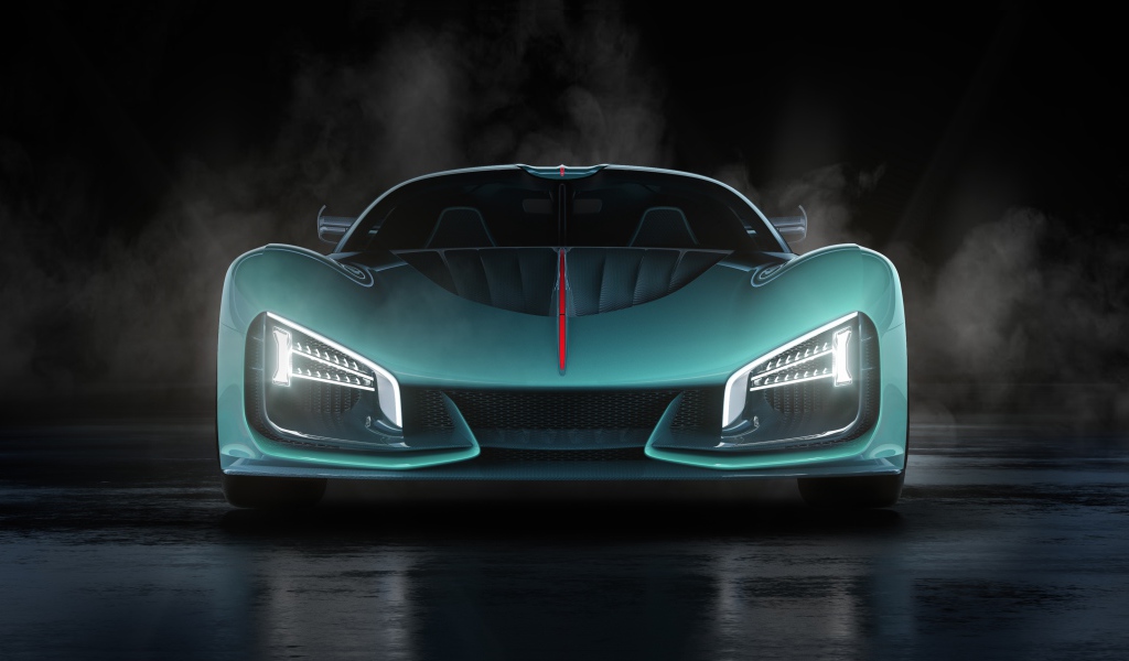 Голубой автомобиль Hongqi S9 2020 года в дыму