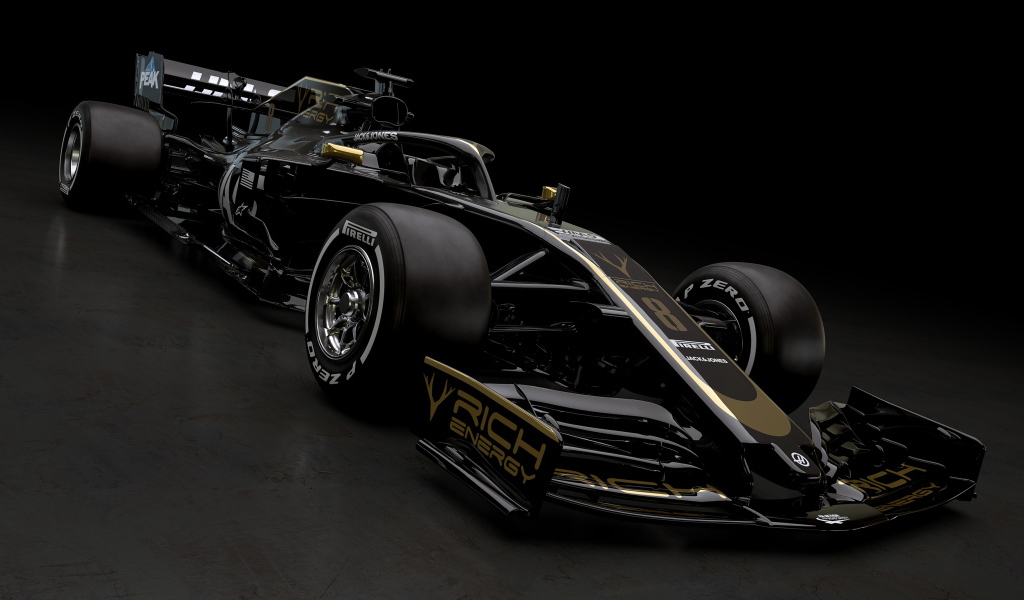 Черный гоночный автомобиль Haas VF-19,  2019 года