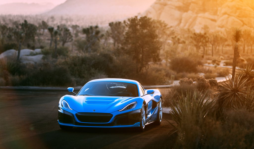 Синий спортивный автомобиль Rimac C Two California Edition вид спереди
