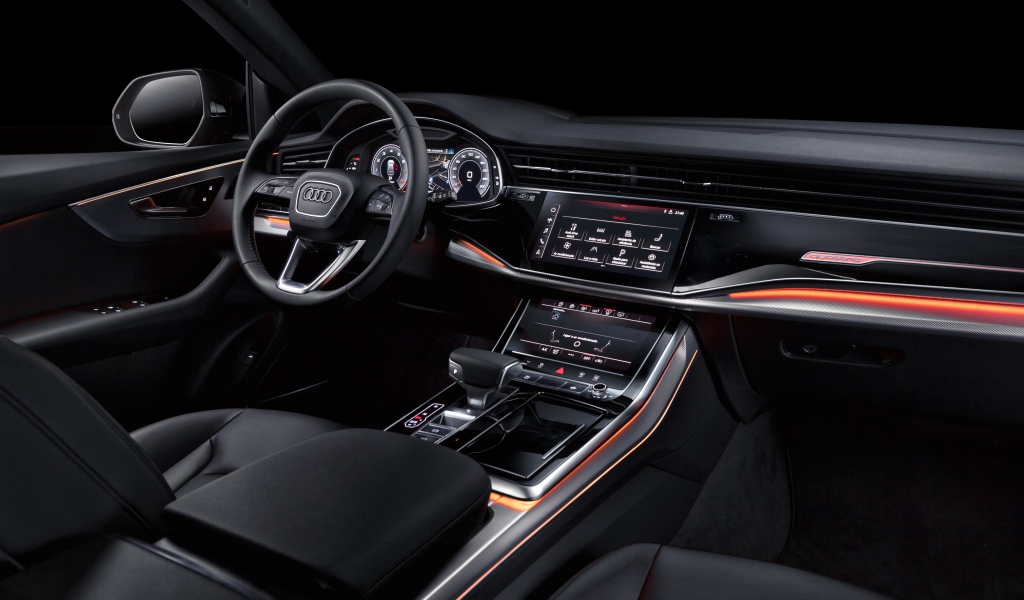 Black leather interior of the Audi Q8 55 TFSI Quattro S Line 2019