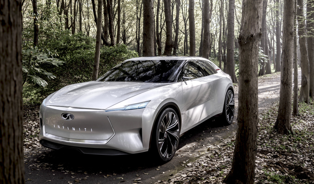 Серебристый автомобиль Infiniti Qs Inspiration 2019 года в лесу