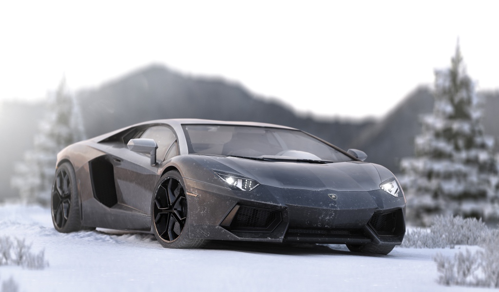 Серый спортивный автомобиль Lamborghini Aventador на снегу