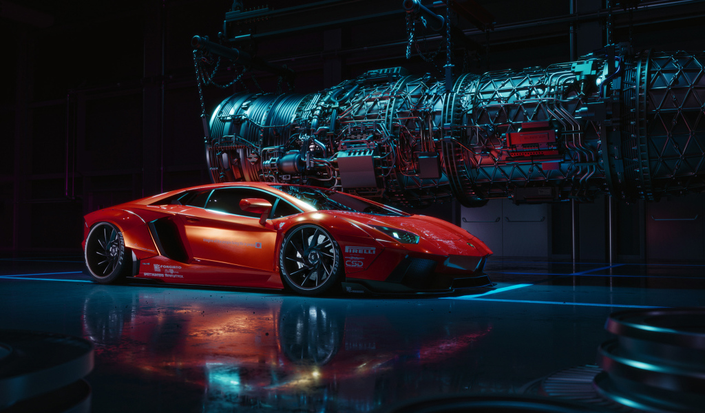 Красный спортивный автомобиль Lamborghini Aventador в бункере