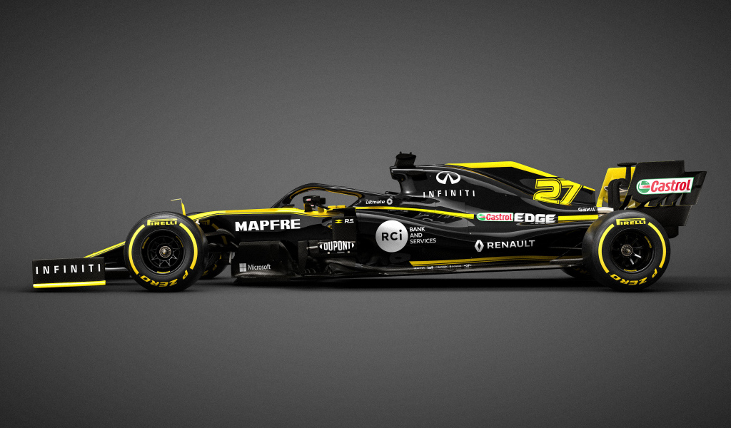 Гоночный автомобиль Renault R.S.19 2019 года на сером фоне