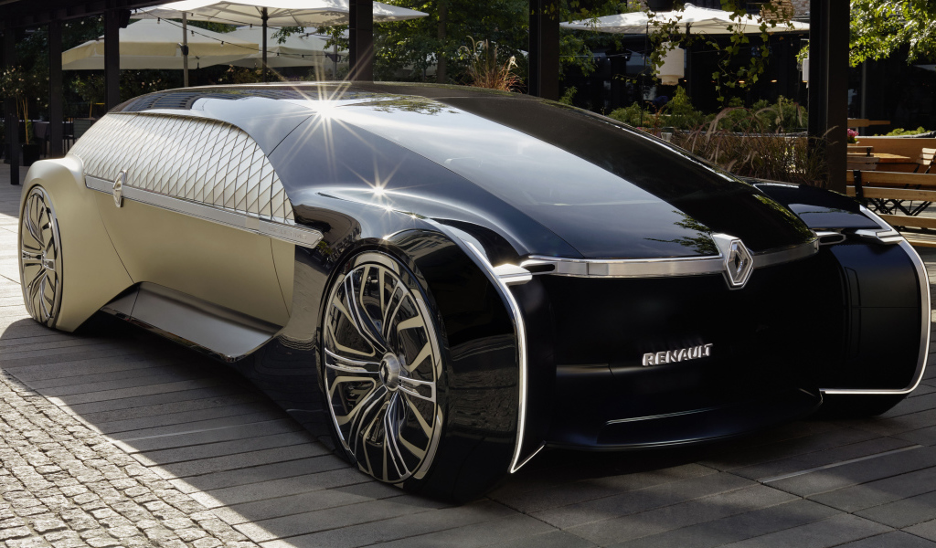 Красивый автомобиль Renault EZ-Ultimo 2018 года у кафе