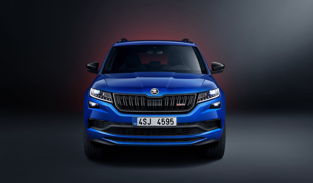Синий автомобиль Skoda Kodiaq RS 2019 года вид спереди
