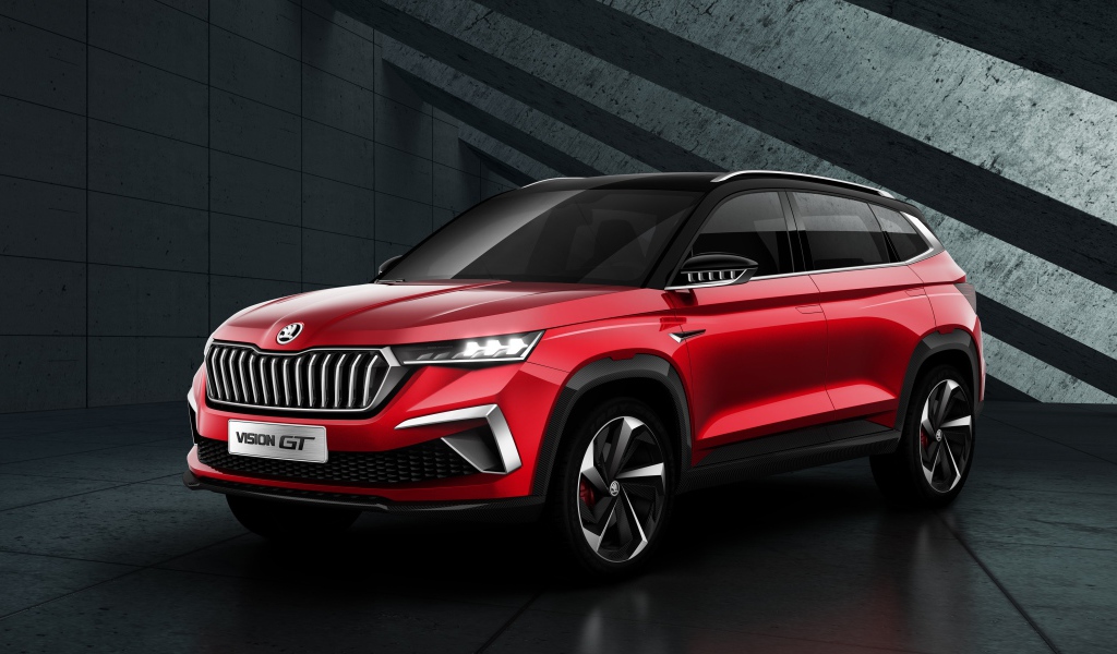 Красный внедорожник Skoda Vision GT 2019 года на сером фоне