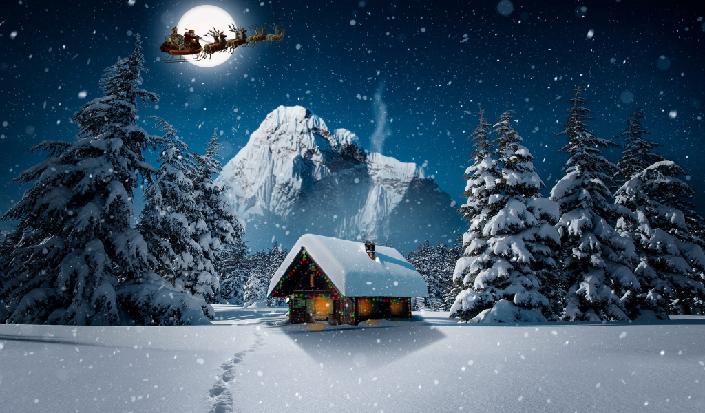 Санта Клаус пролетает над заснеженным домом на Рождество