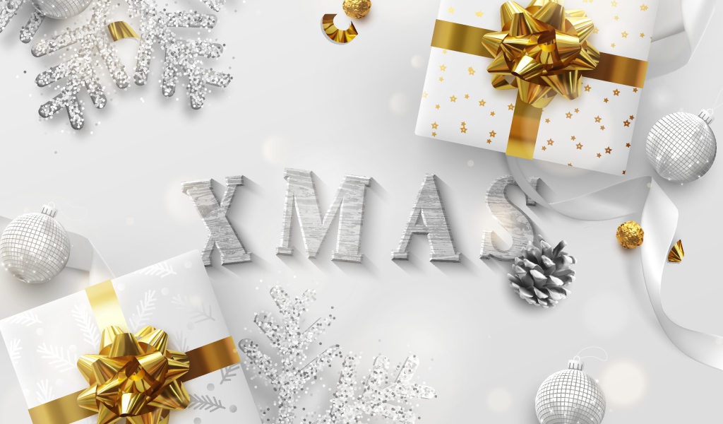 Два подарка и снежинки на Рождество 