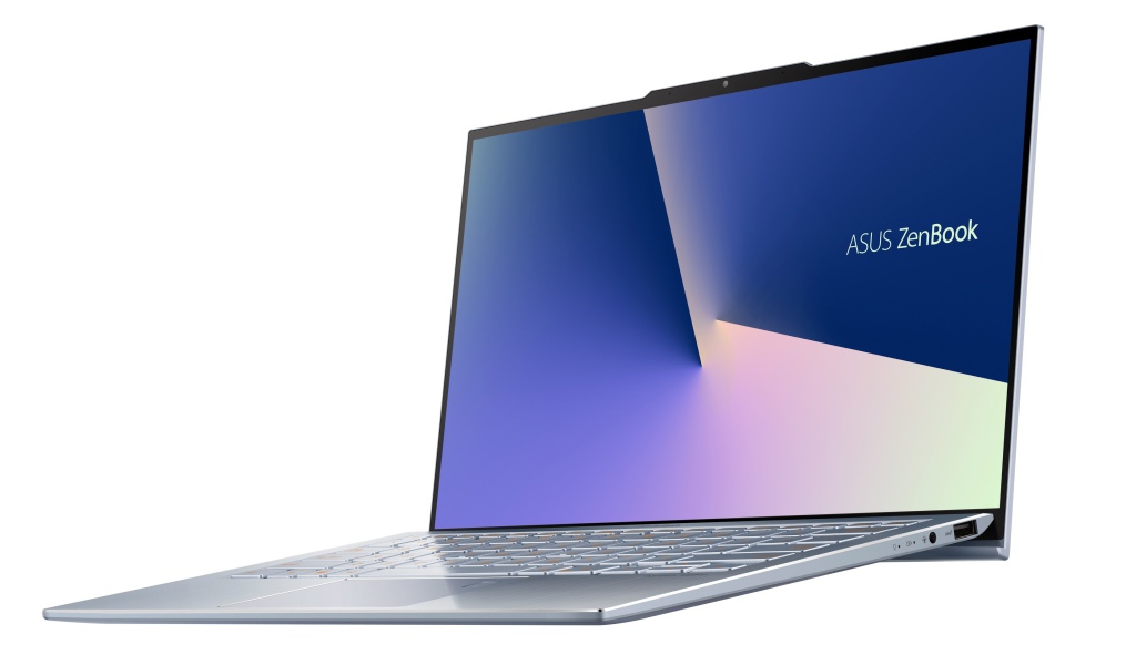 Ультратонкий безрамочный ноутбук ASUS Zenbook S13 на белом фоне, CES 2019