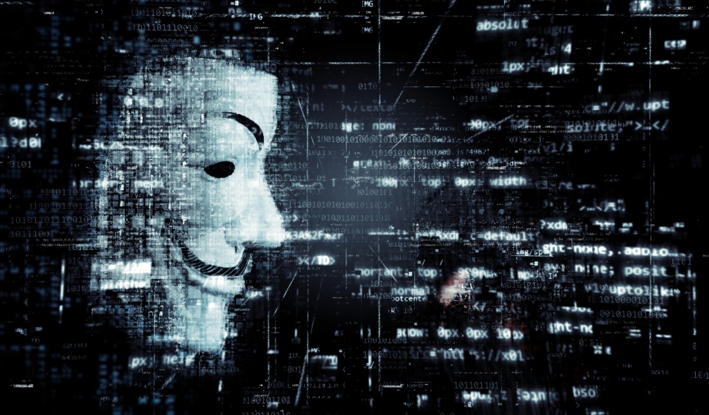 Маска хакера анонимуса на фоне числового кода