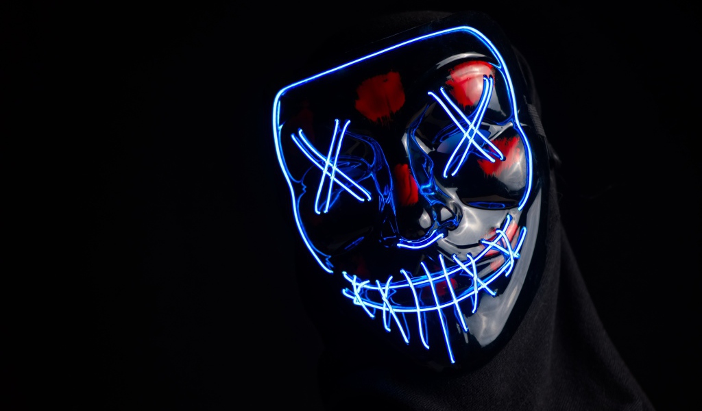 Неоновая маска анонимуса на черном фоне