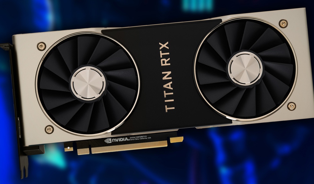 Новая видеокарта Nvidia Titan RTX на синем фоне крупным планом