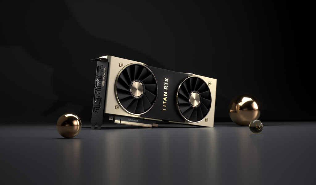 Мощная видеокарта Nvidia Titan RTX на сером фоне