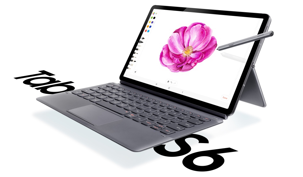 Планшет Samsung Galaxy Tab S6 на белом фоне с клавиатурой