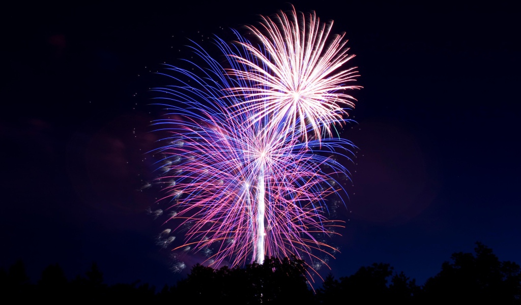 Яркий разноцветный салют в ночном небе