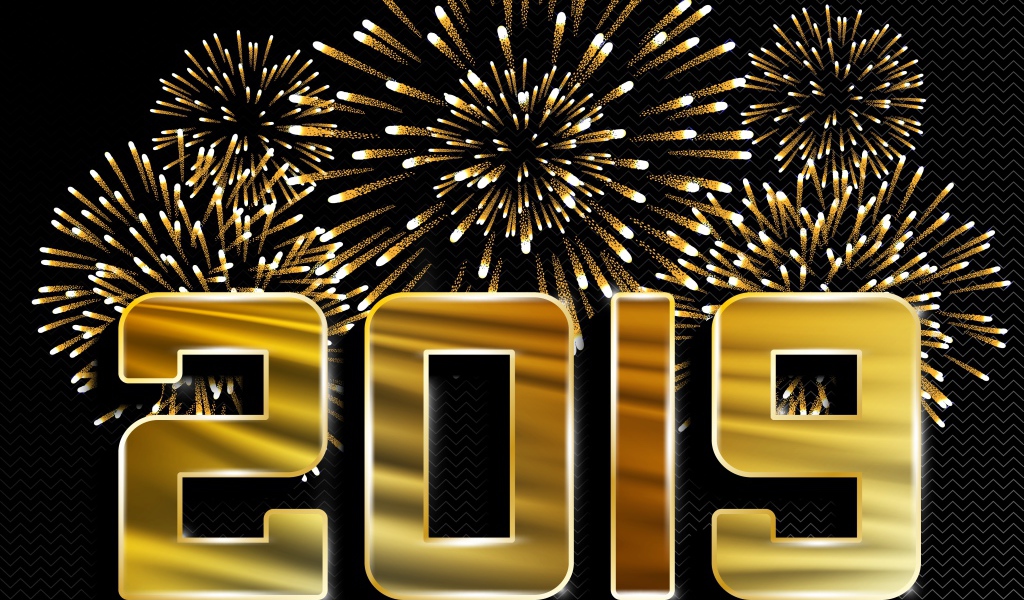 Блестящие цифры 2019 на черном фоне на с салютом