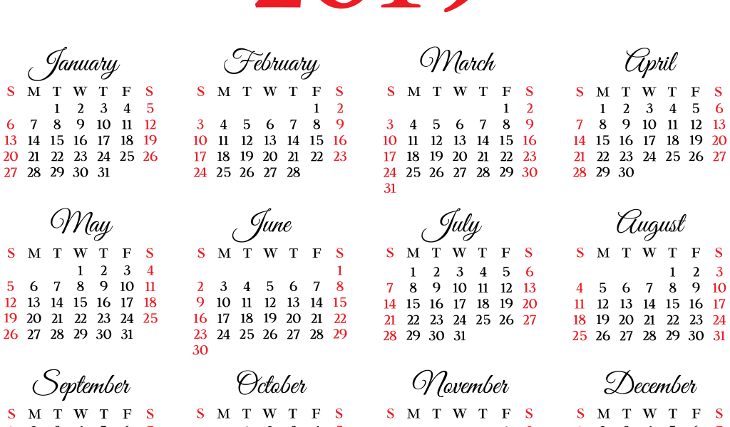 Календарь на 2019 года на белом фоне