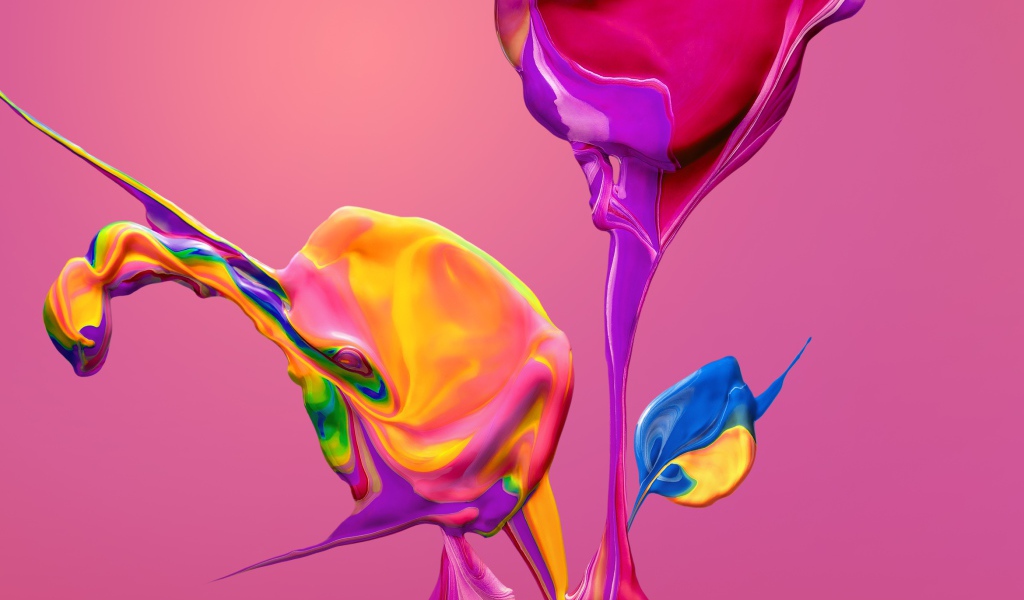 Разноцветные краски смешиваются на розовом фоне