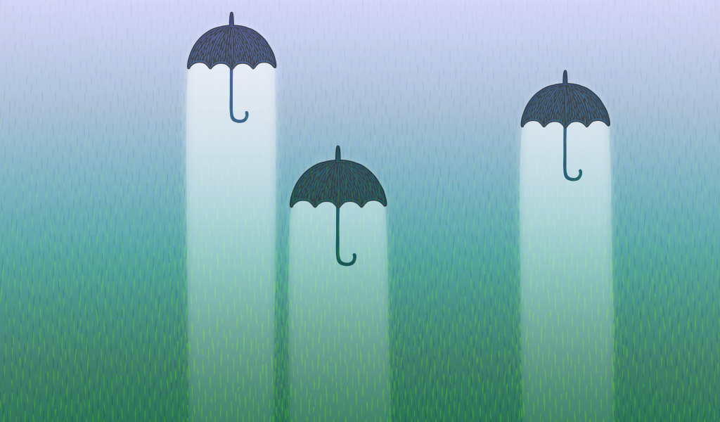 Три черных зонтика со светом на фоне дождя