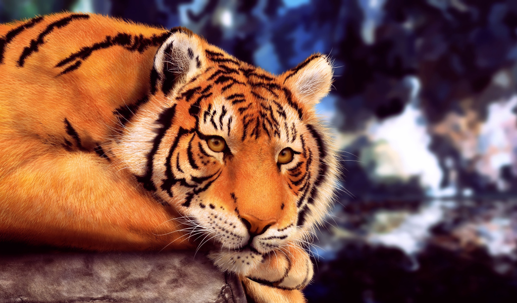Большой нарисованный тигр лежит на камне