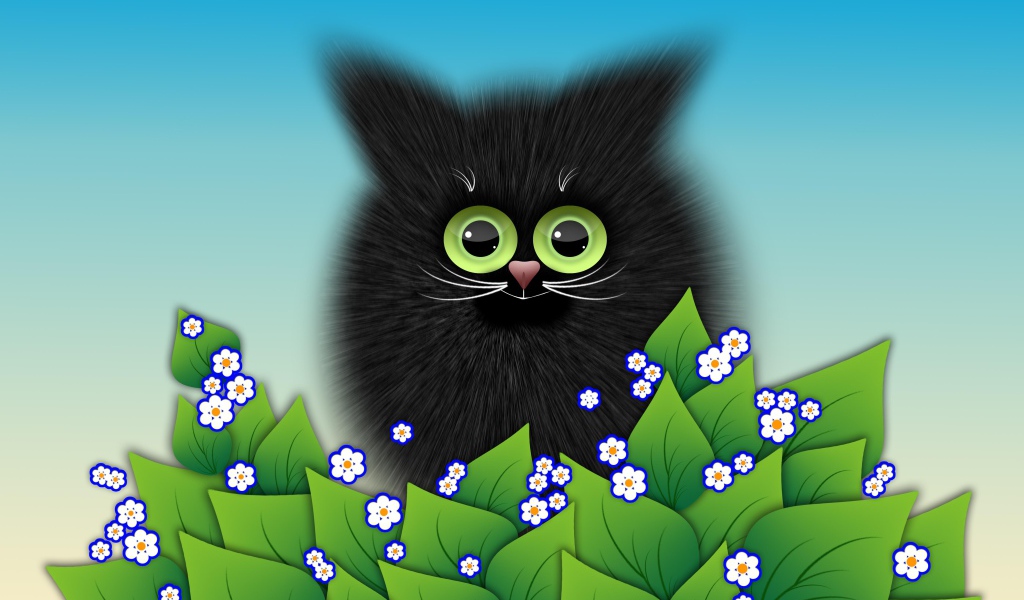 Черный котенок с зелеными листьями векторный рисунок