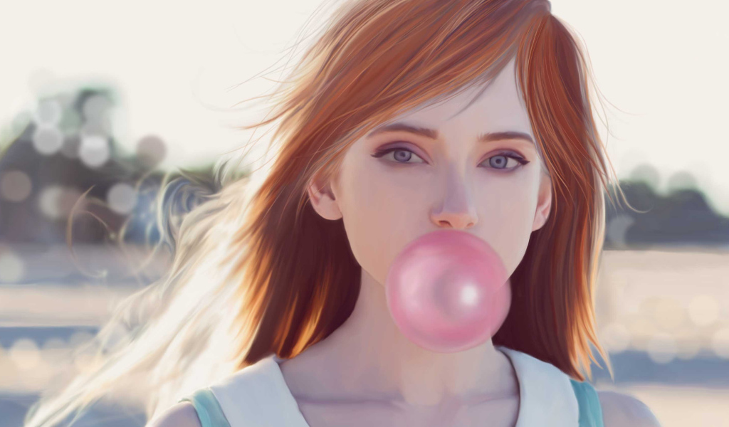 Нарисованная девушка с жвачкой во рту