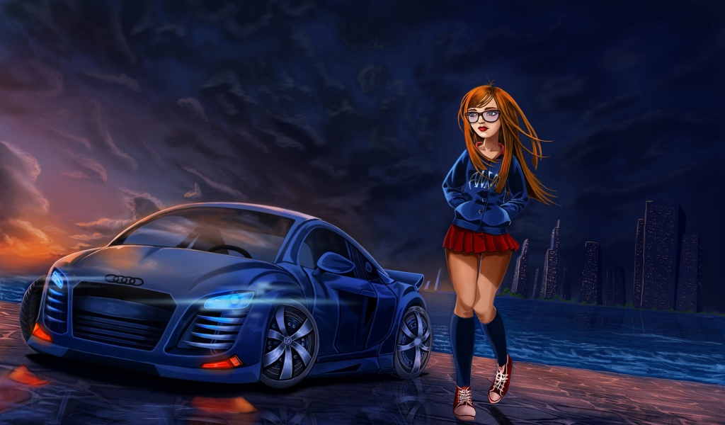 Нарисованная девушка в короткой юбке у автомобиля ауди