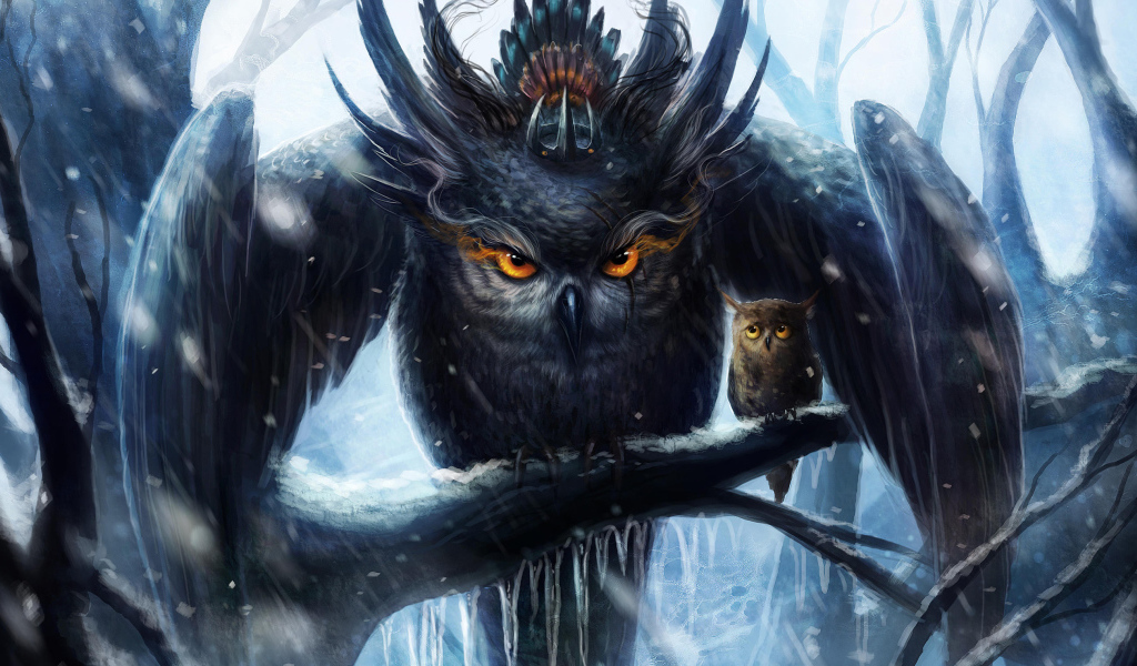 Нарисованная сова мать с птенцом на ветке