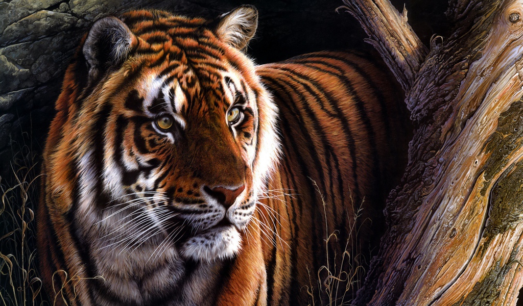 Нарисованный тигр у дерева