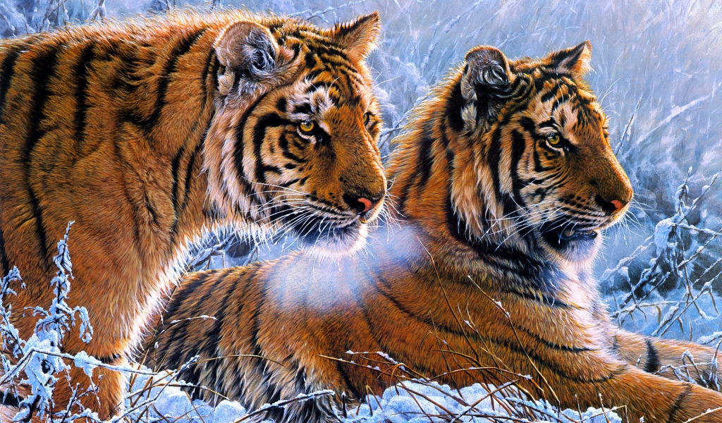 Два нарисованных тигра на снегу