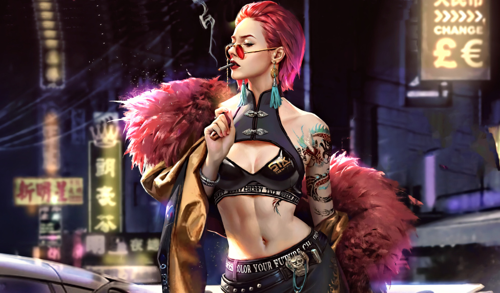 Брутальная девушка с розовыми волосами арт