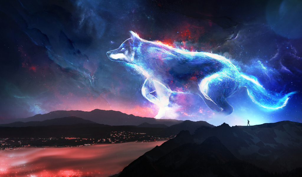 Большой фантастический неоновый волк в небе, фэнтези