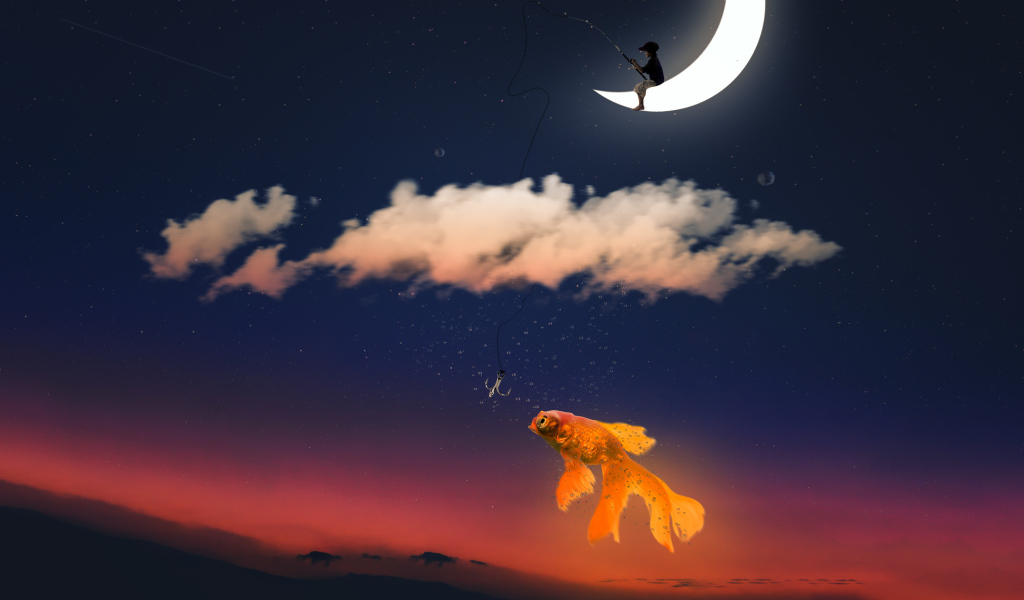 Мальчик на месяце ловит золотую рыбку фэнтези