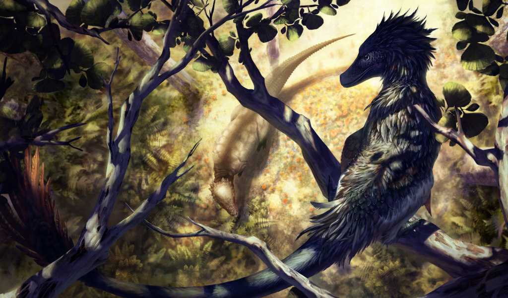 Фантастический дракон сидит на ветке 