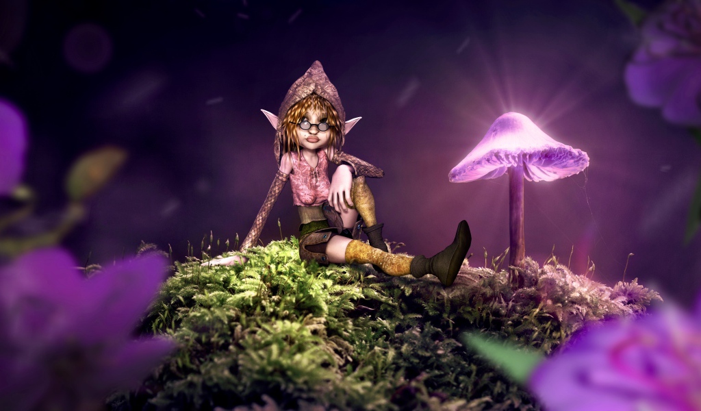 Фантастический эльф сидит на покрытой мхом земле с неоновыми грибами