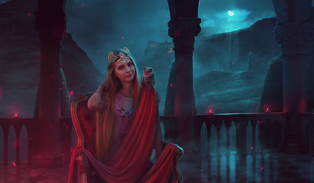 Фантастическая девушка с серым котенком на плече