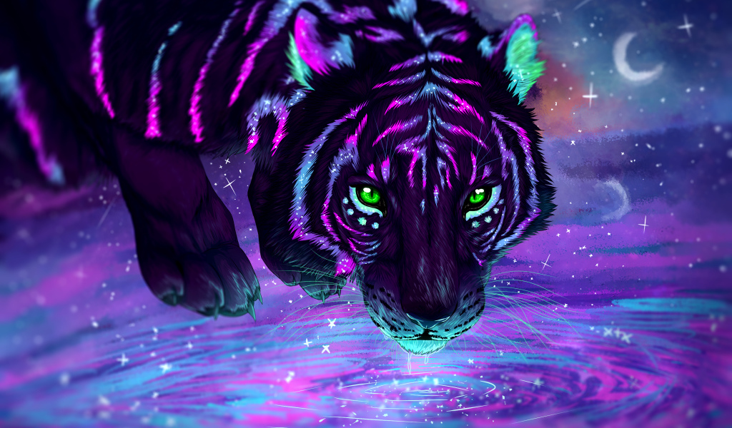 Фантастический неоновый тигр пьет воду