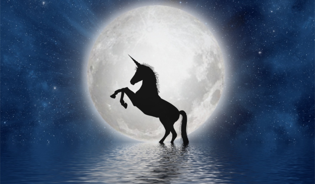 Fantastic unicorn in the water against the backdrop of a large white moon.