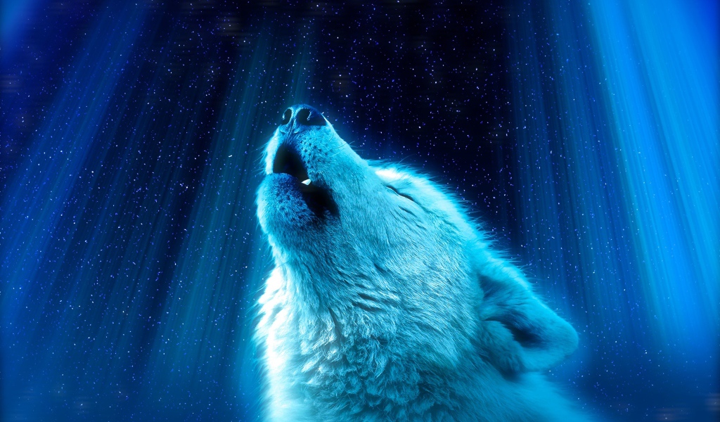 Фантастический белый волк воет на луну