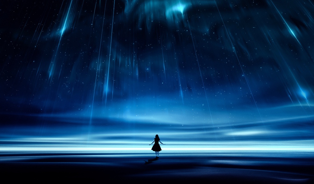 Девушка под фантастическим звездопадом в красивом небе