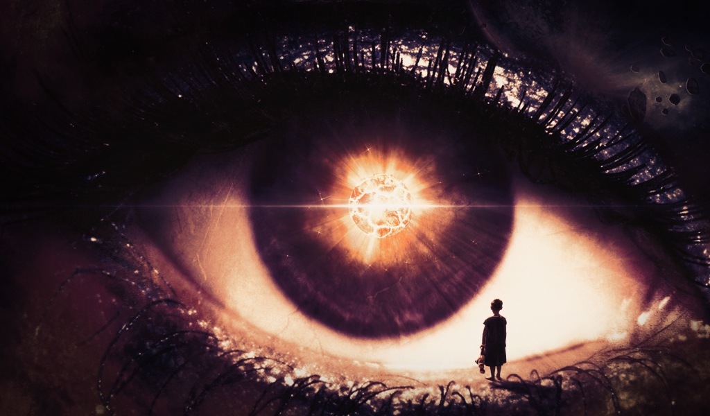 Маленькая девочка стоит на открытом фантастическом глазу