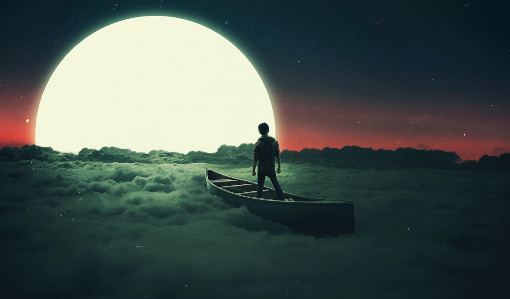 Мальчик плывет на лодке по облакам к луне