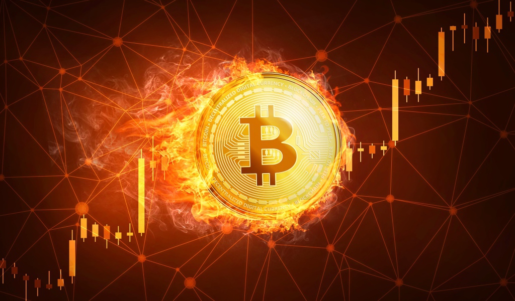 Bitcoin coin on fire in the background of the network