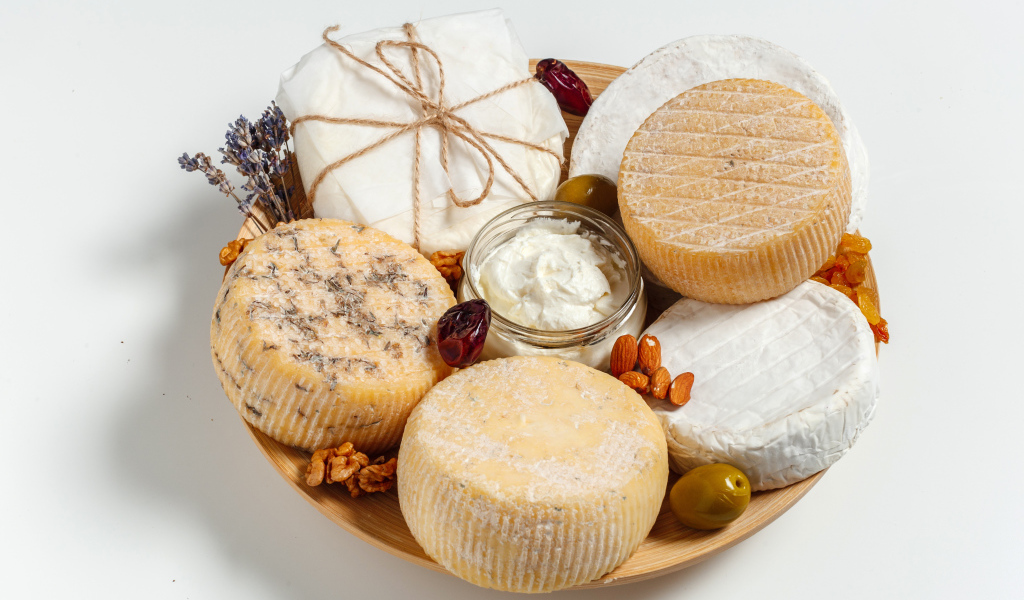 Different types of cheese on a plate with nuts on a gray background