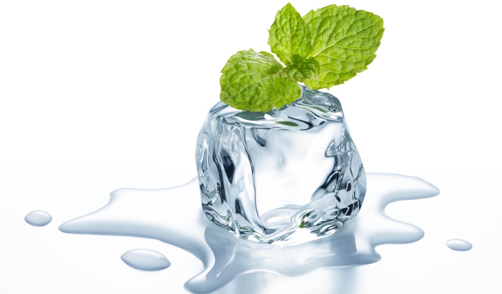 Тающий кубик льда с листиком мяты на белом фоне
