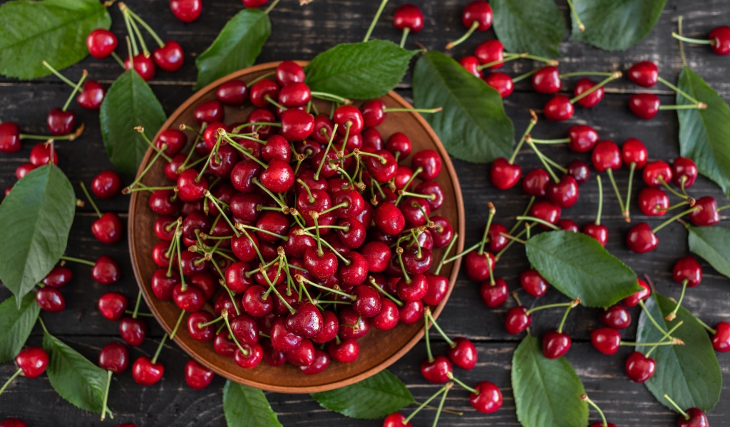 Много спелой красной черешне в миске на столе