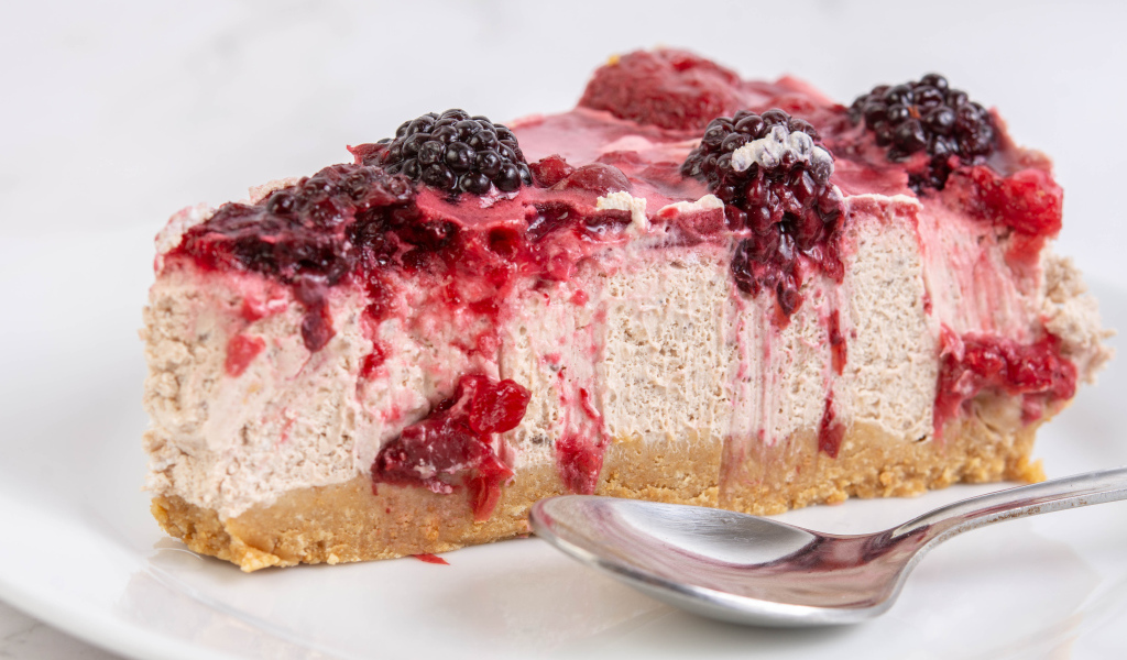 Кусок вкусного чизкейка с ягодами черники 