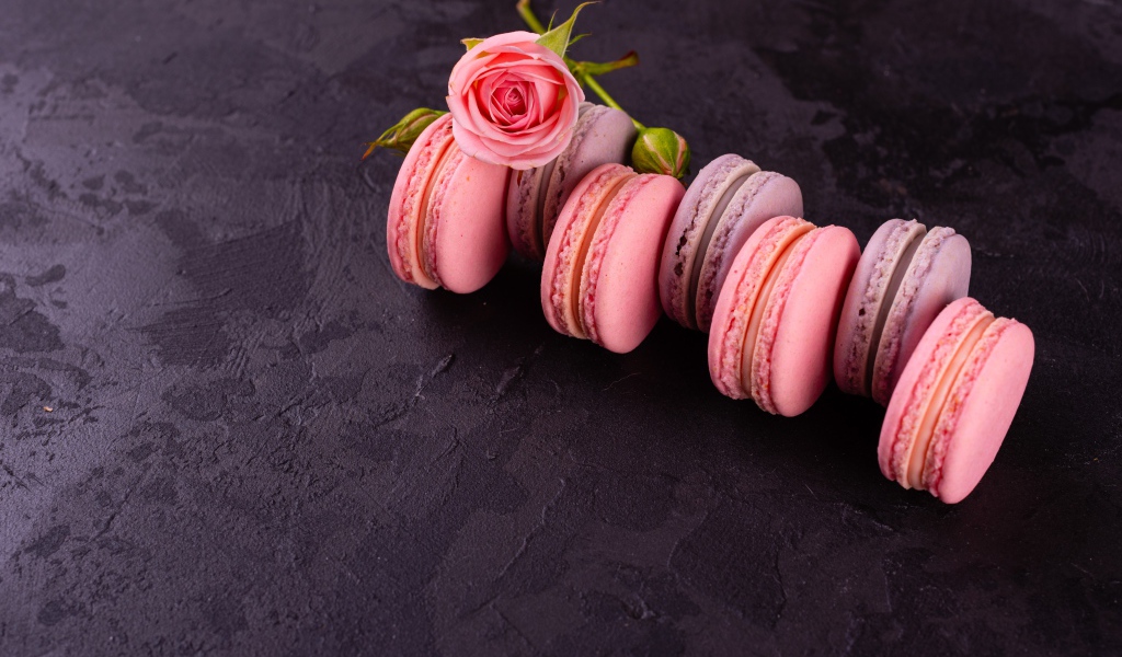 Аппетитный сладкий десерт макарон на серой поверхности с розой 