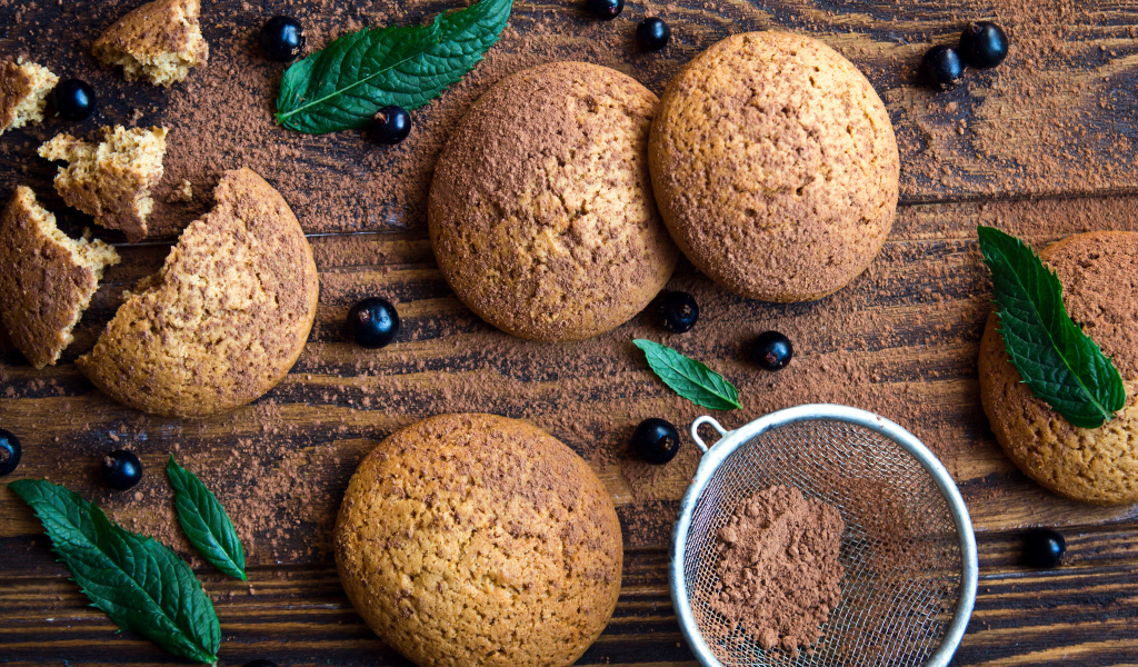 Овсяное печенье с черной смородиной, листьями мяты и какао на столе